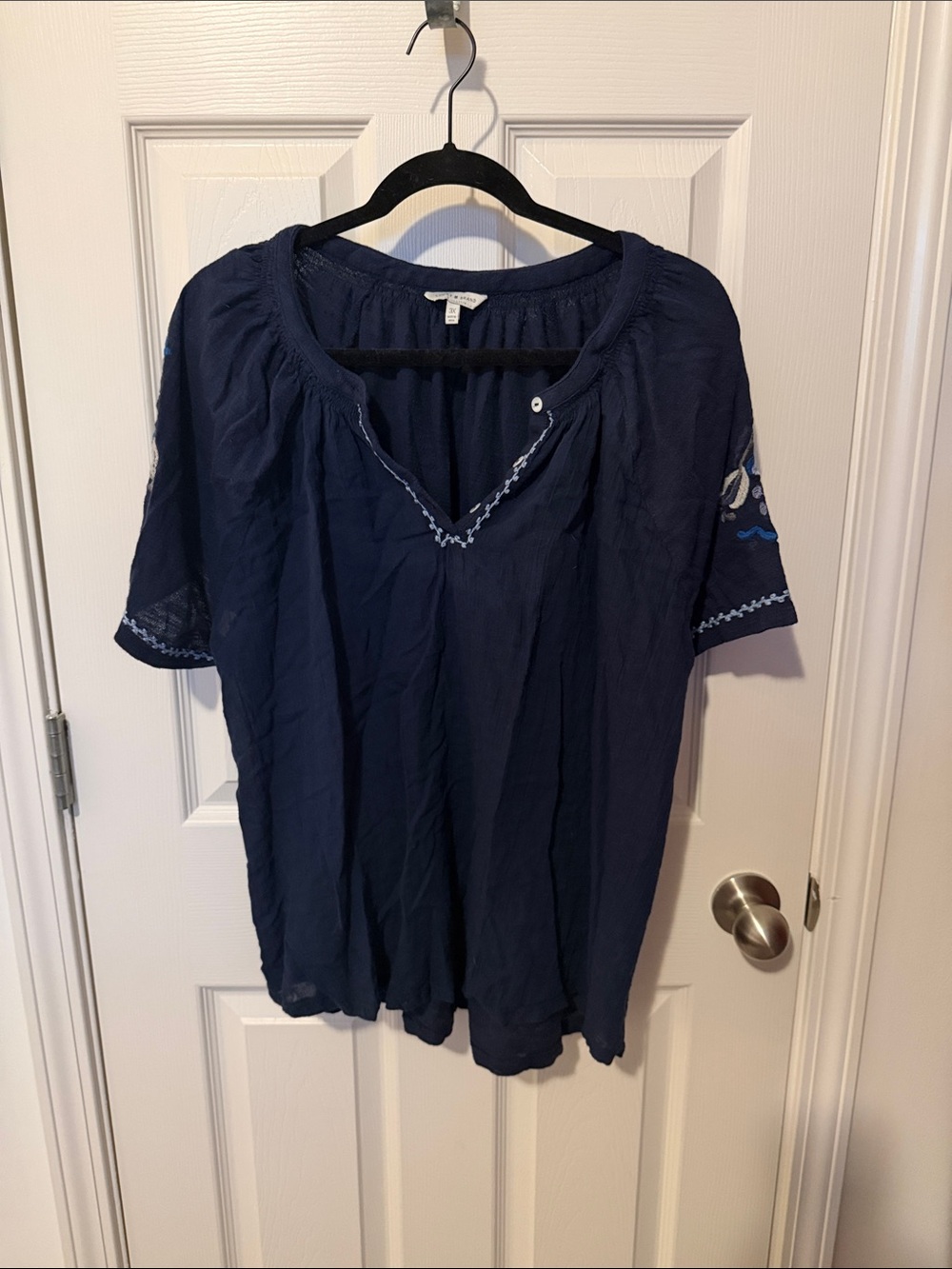 Lucky Brand Navy Short-Sleeve Embroidered Peasant Top